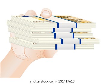 man hand with euro bills over white background