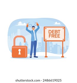 A man hand falls off the chain. The businessman is happy because he is free from debt. Debt-free concept. Flat vector illustration.