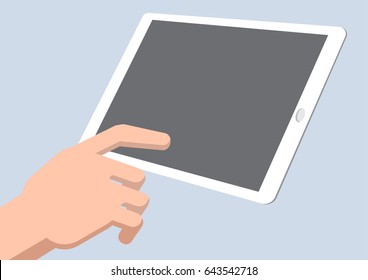 A man hand finger touching blank screen tablet , Isolated flat design style, Vector Illustration