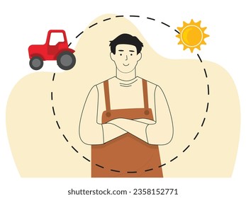 Man hand folded overalls outfit with tractor and sun helping farmer planting and harvesting in the field. Character design. Vector flat illustration