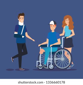 man with hand fracture and person sitting in the wheelchair