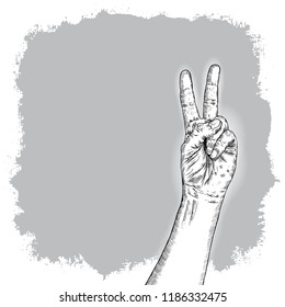 Man hand gesture. Pointing up V or Victory male fingers. Hand drawn sketch. Boy V sign hand. Vector.