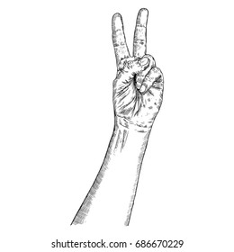 Man hand gesture. Pointing up V or Victory male fingers. Hand drawn sketch, black isolated on white background. Boy V sign hand. Vector.