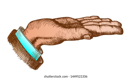 Man Hand Gesture Show Direction Vintage Vector. Man Showing Gesture Palm Up Looks Like Holding Thing Or Demonstrate Or Pleased Beggar Gesturing Signal Designed Color Illustration