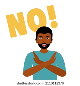 Man with hand gesturing no or stop sign in flat design. No means no concept.