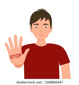 Man With Hand Gesturing No Or Stop Sign In Flat Design. Stop Bad Habits Concept.