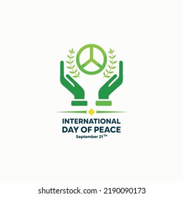 Man hand gesturing peace sign V with pigeon and olive branch and text happy peace day vector illustration. International peace day concept. Annual holiday celebration. Nonviolence symbol