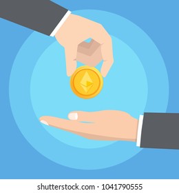 Man hand given other hand  Ethereum Cryptocurrency gold coin. Blockchain technology concept. Vector illustration.