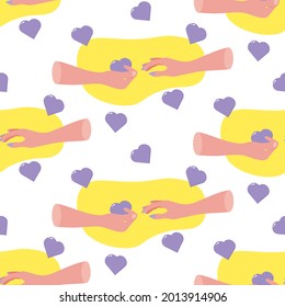 Man hand gives heart for textile design  Man's hand gives heart to female hand  seamless pattern  Decorative print  Vector drawing  