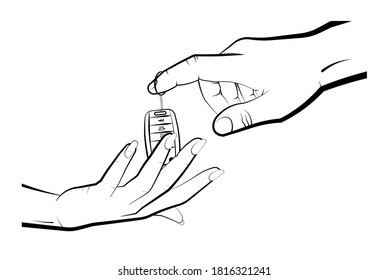 man hand gives the woman a folding car keychain with remote control. Car alarm, key fob. Expensive gift. Black and white vector
