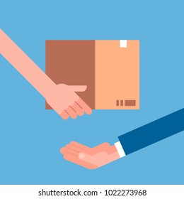 Man Hand Giving Cardboard Package To Another. Delivery Courier Shipping Concept Flat Vector Illustration