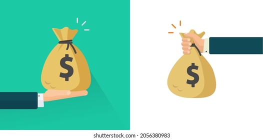 Man Hand Giving And Holding Money Vector, Business Person Arm Receiving Cash Bag Gift Or Salary Flat Cartoon Illustration Set, Credit Grant Idea Or Loan Give With Bank Person As Surprise Or Win Prize