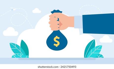 Man hand giving and holding money. Bribery money bag. Business person arm receiving cash bag gift or salary, credit grant or loan give with bank person as win prize. Bribery. Vector illustration