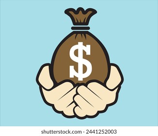 Man hand giving and holding money vector, receiving cash bag gift or salary flat cartoon illustration set, credit grant idea or loan give with bank person as surprise or win prize