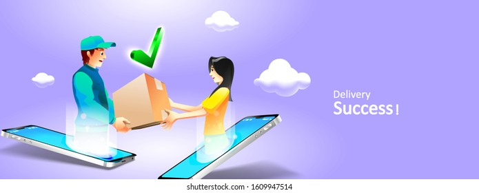 Man Hand Giving Package To Another on phone online. Delivery Courier Shipping three dimensional concept. Vector Illustration