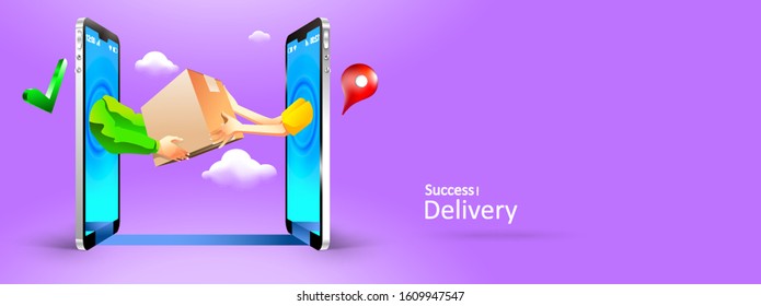 Man Hand Giving Package To Another on phone online. Delivery Courier Shipping three dimensional concept. Vector Illustration