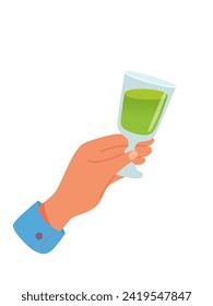 Man hand with glass of alcohol cocktail or drink with lime vector illustration isolated on white background. Male holds goblet with mojito. People celebrating with toasts and cheering. Party time.