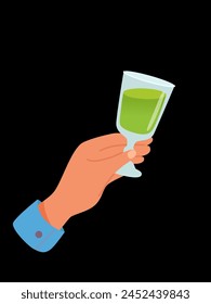 Man hand with glass of alcohol cocktail or drink with lime vector illustration isolated on black background. Male holds goblet with mojito. People celebrating with toasts and cheering. Party time.