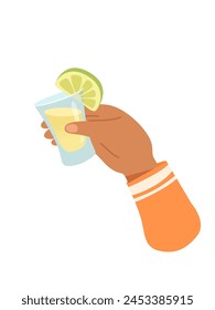 Man hand with glass of alcohol cocktail or drink vector illustration isolated on white background. Male holds goblet with cocktail and lime. People celebrating with toasts and cheering. Party time.