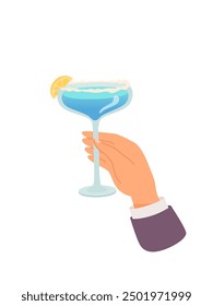 Mano del hombre con el vaso del cóctel del alcohol o la Ilustración vectorial de la bebida aislada en el fondo blanco. El macho sostiene una copa con un cóctel azul. Personas celebrando con brindis y vitoreando. Hora de la fiesta.