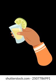 Mano de hombre con vaso de cóctel de alcohol o Ilustración vectorial de bebida aislada sobre fondo negro. El macho sostiene una copa con cóctel y lima. Personas celebrando con brindis y vitoreando. Hora de la fiesta.