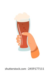 Man hand with glass of dark beer vector illustration isolated on white background. Male holds glass with Guinness. People celebrating with toasts and cheering. Party, football time. Friends in pub.