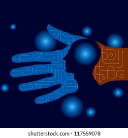 the man in the hand with glowing star