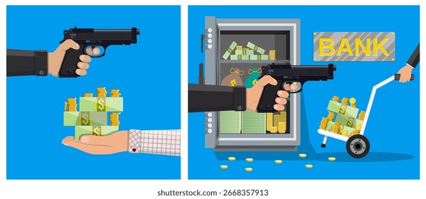 Un hombre con una pistola de mano amenazando con robar una caja fuerte llena de dinero y monedas. Concepto de crimen financiero.
