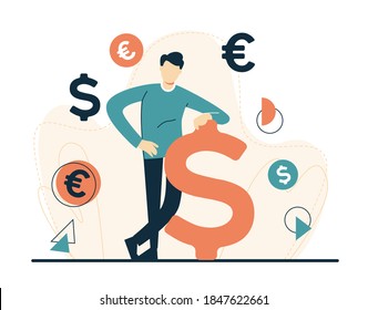 Mann mit Hand in Hüftstellung. Wechselkurskonzept. Finanzauswahl zwischen Dollar und Euro. Ein Mann steht auf pastellfarbenem Hintergrund. Hervorragendes Geld, Einkommen. Konzept. Vektorbild.