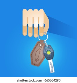 Man hand hold car key with trinket. Isolated, on blue background. Vector, illustration, flat 