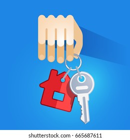 Man hand hold door key with trinket. Isolated, on blue background. Vector, illustration, flat