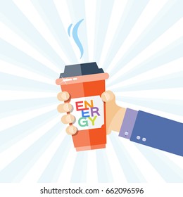 Man hand hold an energy drink, cup of coffee. Flat, isolated, on white background