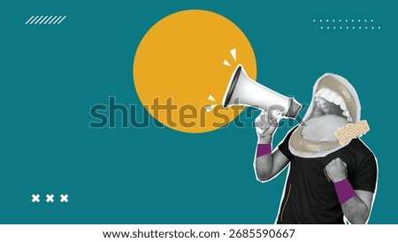 man with Hand hold megaphone Halftone collage art with copy space