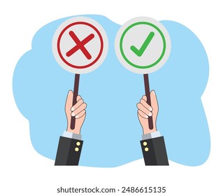 man hand hold signboard right and wrong symbol or vote and polling illustration