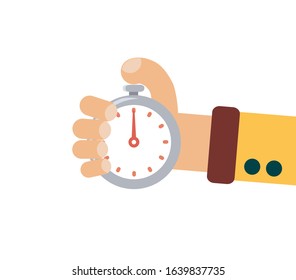 Man hand hold stopwatch. Time management concept vector flat illustration.
