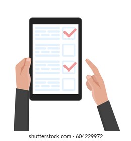 Man hand hold tablet computer with test and voting template. Vector illustration.