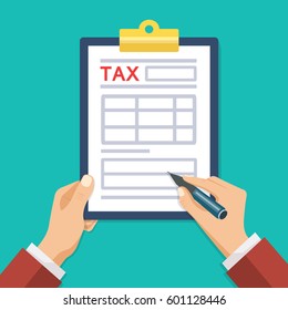 Man hand hold tax form and hand hold pen. Man with clipboard. Vector illustration. Flat style. Modern concept for web banners, web sites, infographics.