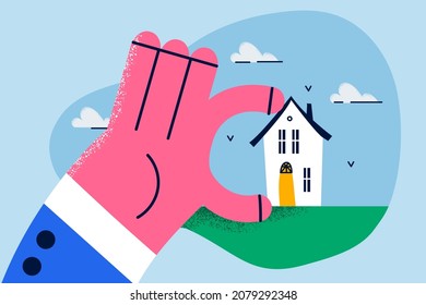 Man Hand Hold Tiny House In Hands Recommend Real Estate Agency Good Quality Services. Relator Or Broker Sell Cottage Or Home To Customer. Rent, Realty Concept. Flat Vector Illustration. 