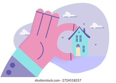 Mano de hombre sostener pequeña casa en las manos recomendar servicios de buena calidad de la agencia inmobiliaria. Relator o corredor venden casa de campo o casa al Cliente. Alquiler, concepto inmobiliario. Ilustración vectorial plana.