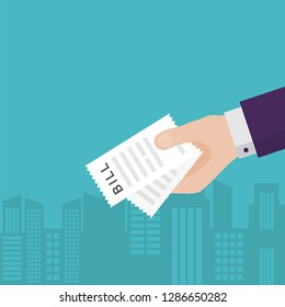 Man Hand Holding Bill Receipt in Hand isolated. Vector Illustration, Flat Design Style. Paying Taxes, Bills, Receipt