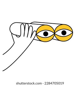 Man hand is holding binoculars. The concept of new research, knowledge and research. Thin line vector illustration on white