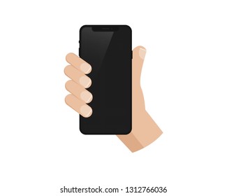 Man hand holding the black smartphone with blank screen - vector web icons isolated on white background, top view 