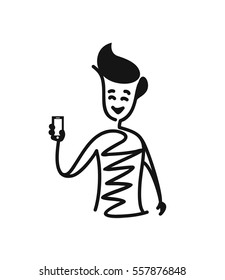 Man hand holding blank screen phone, Cartoon Hand Drawn Sketch Vector illustration. 