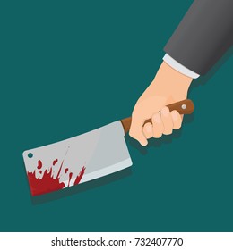 Man Hand holding blooded kitchen knife. Vector illustration. Isolated on background.
