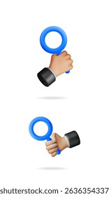 Man hand holding blue magnifying glass on white background. Financial analysis and business research for growth strategy. 3d vector illustration.