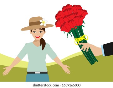 Man hand holding bouquet of beautiful red roses surprised to his happily girlfriend. Isolated on white background. Vector Illustration. Idea for romantic love and valentines day. 