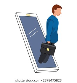 A man hand holding briefcase coming out from smartphone screen.