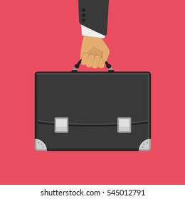 Man hand holding briefcase, suitcase. Businessman bag. Vector business concept in flat style.