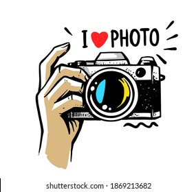 man hand holding camera on white background