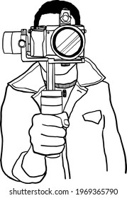 Man Hand holding camera on tripod Vlogger making content Hand drawn vector line illustration